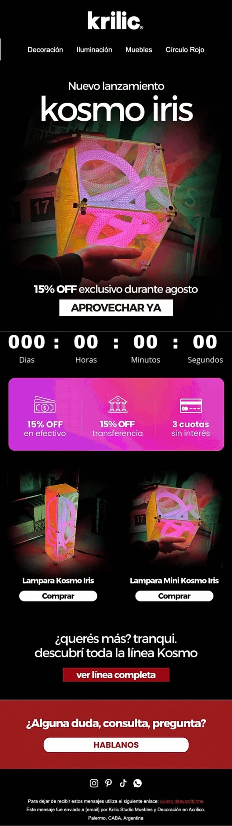 Email de Krilic 'Kosmo Iris' — lámpara decorativa con 15% OFF exclusivo.