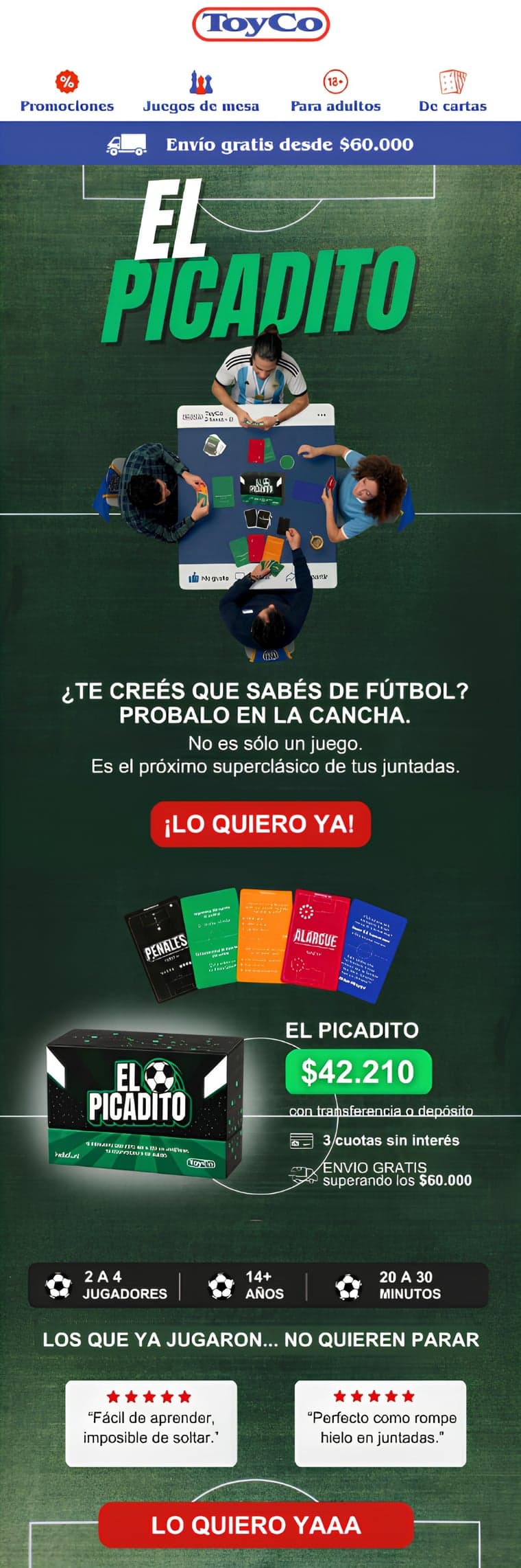 Email de ToyCo 'EL PICADITO' con el juego de cartas para la previa de los partidos y grilla de mazos.