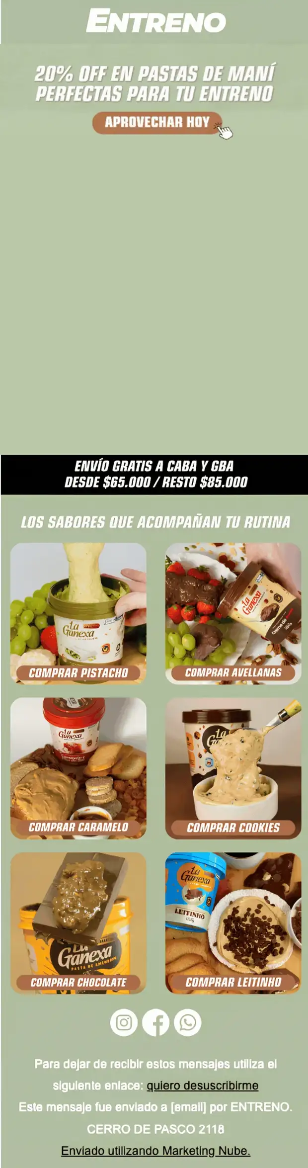 Email animado de Entreno — pasta de maní cayendo sobre una torre de comida.