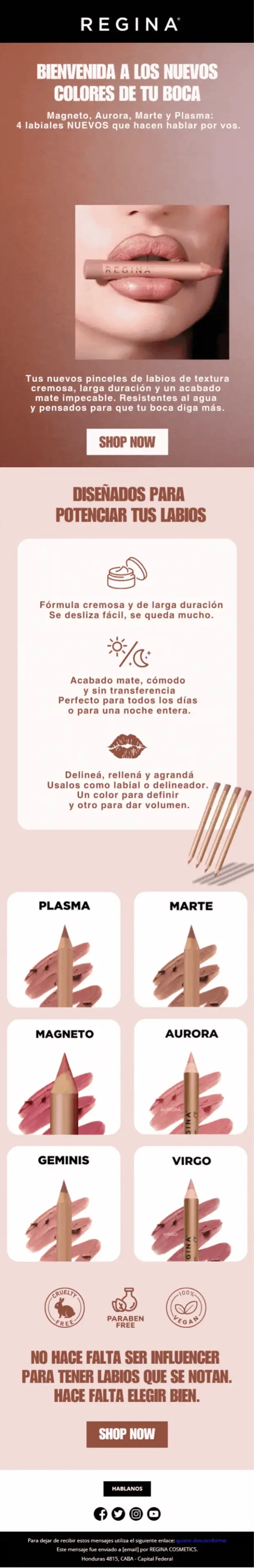 Email animado de Regina Cosmetics — 'Bienvenida a los nuevos colores de tu boca'.